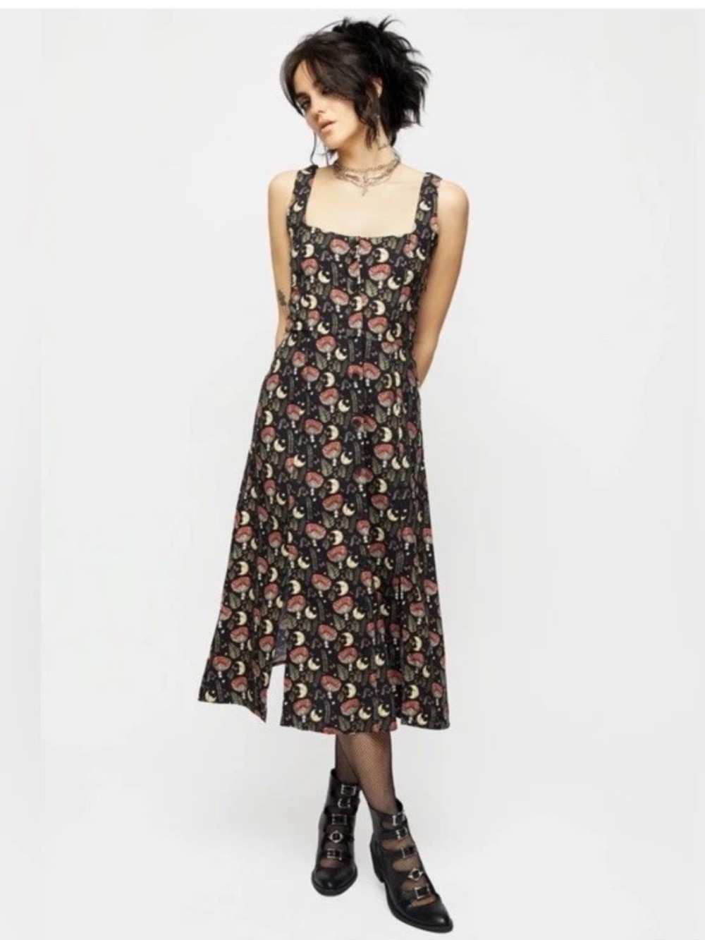 Dreamfast Mushroom Moon Print Square Neck Midi Dress Size 12